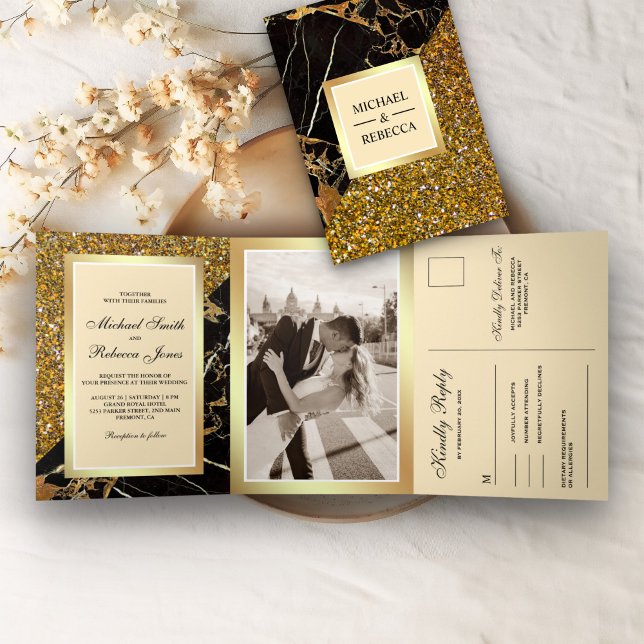 Faux Gold Glitter Black Marble All in One Wedding Tri-Fold Invitation (Creator Uploaded)