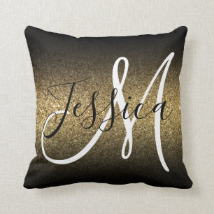 Faux Gold Glitter Black Ombre Monogram Cushion