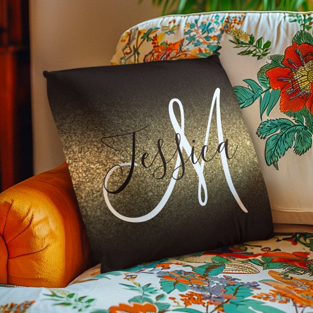 Faux Gold Glitter Black Ombre Monogram Cushion (Faux Gold Glitter Black Ombre Monogram Throw Pillow)