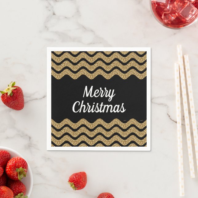 Faux Gold Glitter Black Stripes Christmas Napkin (Insitu)