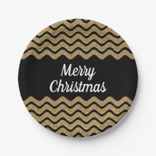 Faux Gold Glitter Black Stripes Christmas Paper Plate