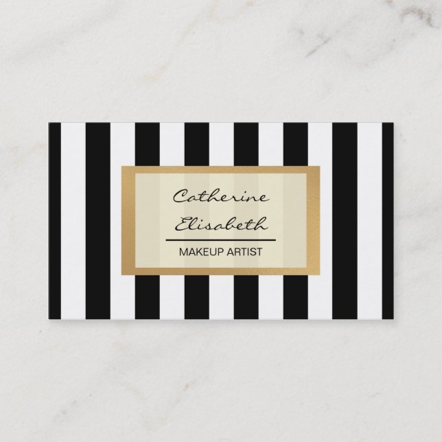 Faux Gold Glitter, Black Stripes, Makeup Artist Business Card (Front)