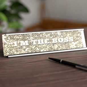 Faux Gold Glitter Boss Metal Desk Name Plate