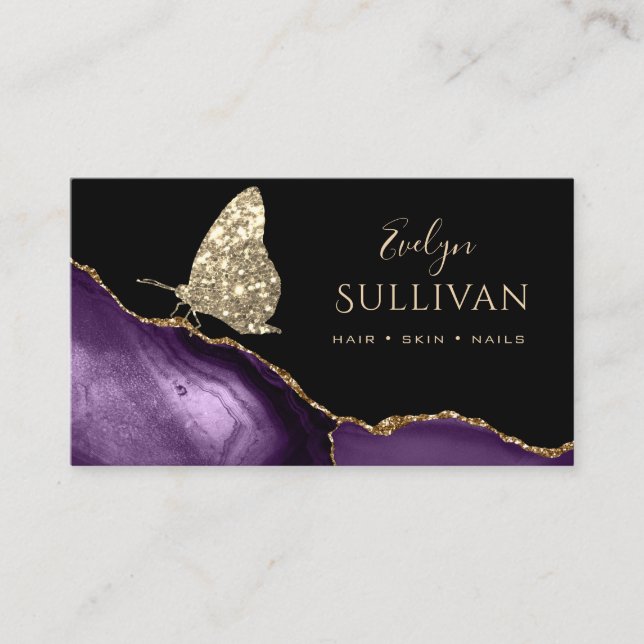 faux gold glitter butterfly and purple agate business card (Front)