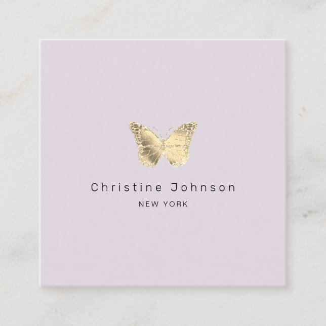 faux gold glitter butterfly on lavender square business card (Front)