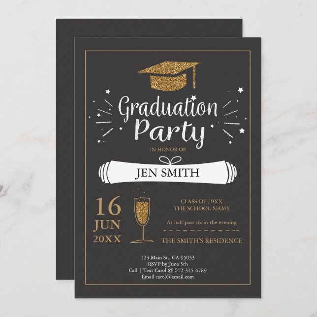 Faux Gold Glitter Cap Graduation Party Invitation (Front/Back)