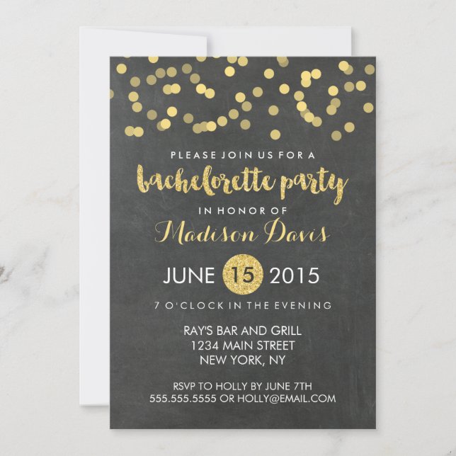 Faux Gold Glitter Chalkboard Bachelorette Party Invitation (Front)