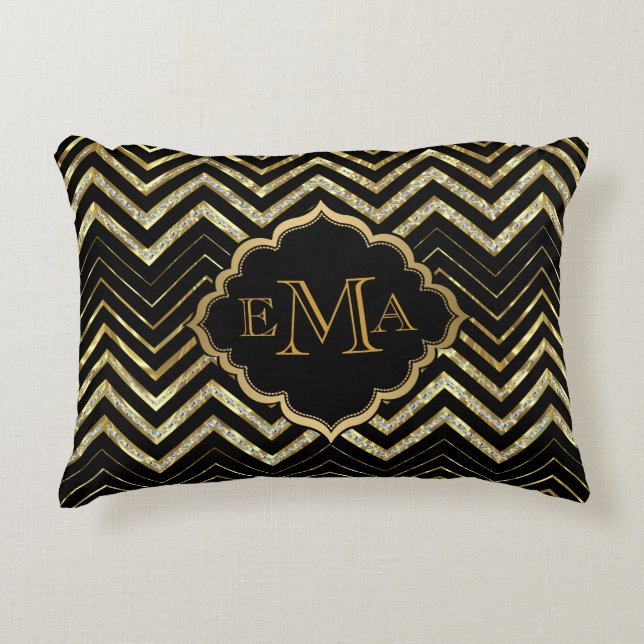 Faux Gold & Glitter Chevron Custom Black Back Decorative Cushion (Front)