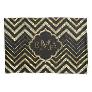 Faux Gold & Glitter Chevron Custom Black Back Pillowcase