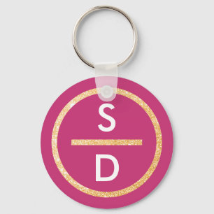 Faux Gold Glitter Circle Vertical Monogram on Pink Key Ring
