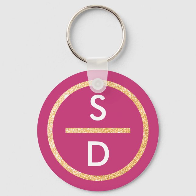 Faux Gold Glitter Circle Vertical Monogram on Pink Key Ring (Front)
