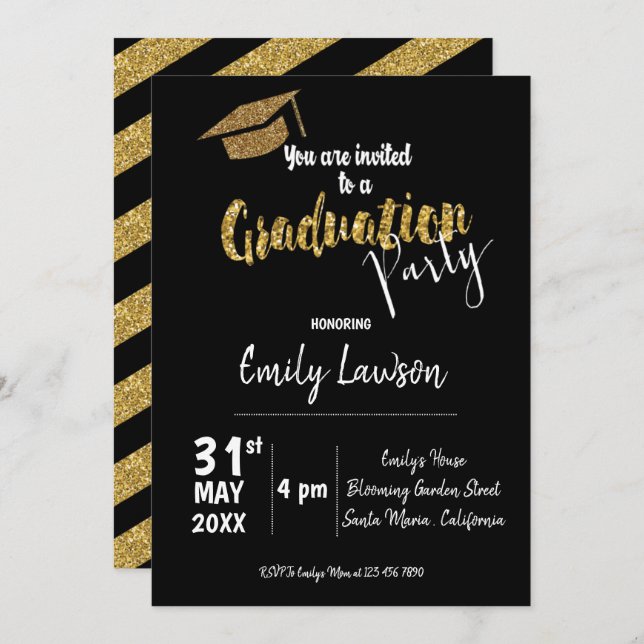 Faux Gold Glitter Class Of 2025 Graduation Party Invitation (Front/Back)