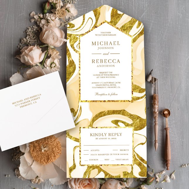 Faux Gold Glitter Cream Ivory Marble Wedding All In One Invitation (Creator Uploaded)