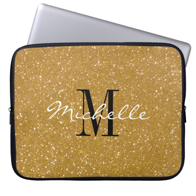 Faux gold glitter custom monogram laptop sleeve (Front)