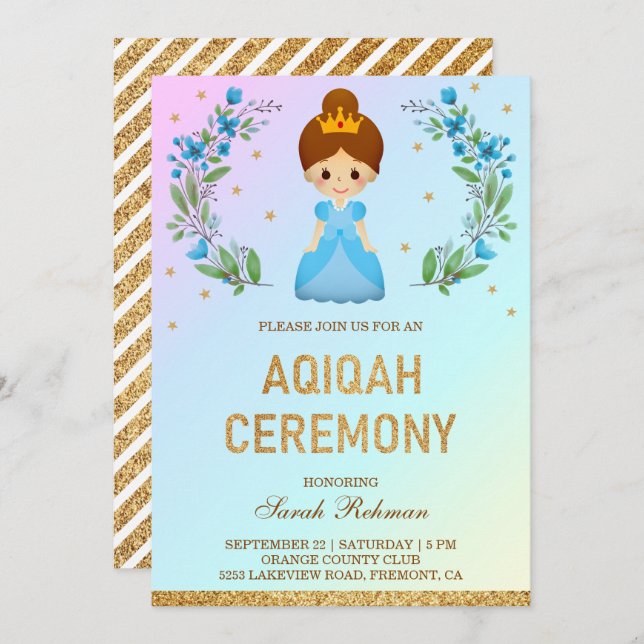 Faux Gold Glitter Cute Blue Princess Aqiqah Invitation (Front/Back)