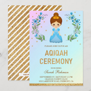 Faux Gold Glitter Cute Blue Princess Aqiqah Invitation