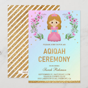 Faux Gold Glitter Cute Pink Princess Aqiqah Invitation