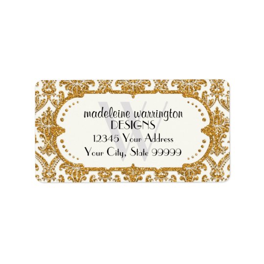 Faux Gold Glitter Damask Floral Pattern Business Address Label