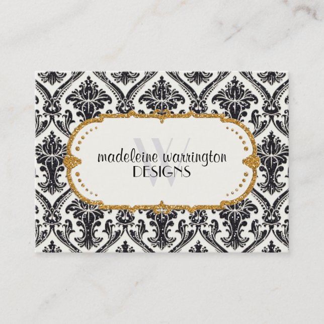 Faux Gold Glitter Damask Floral Pattern Business Appointment Card (Front)