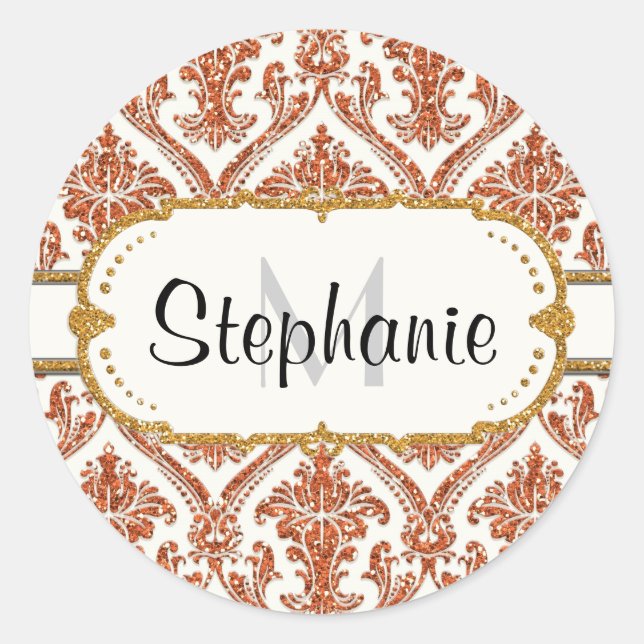 Faux Gold Glitter Damask Floral Pattern Stationery Classic Round Sticker (Front)