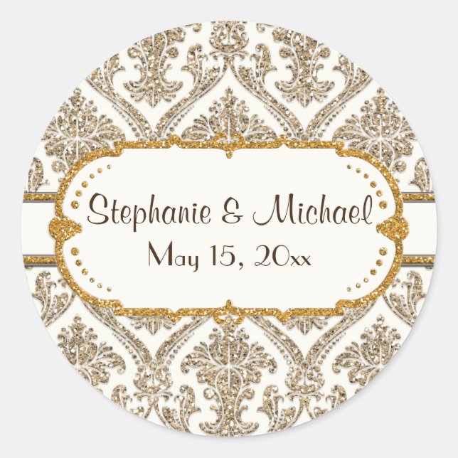 Faux Gold Glitter Damask Floral Pattern Stationery Classic Round Sticker (Front)