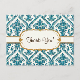 Faux Gold Glitter Damask Floral Pattern Stationery Postcard