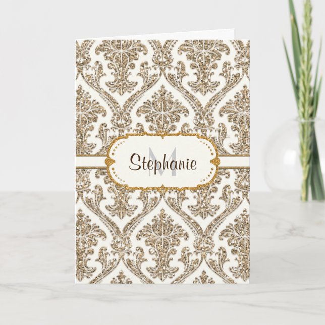 Faux Gold Glitter Damask Floral Pattern Stationery Thank You Card (Front)
