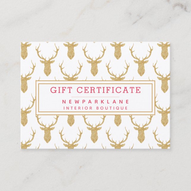 Faux Gold Glitter Deer Christmas Gift Certificate (Front)