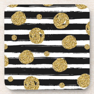 Faux gold glitter dots Black white stripes Coaster