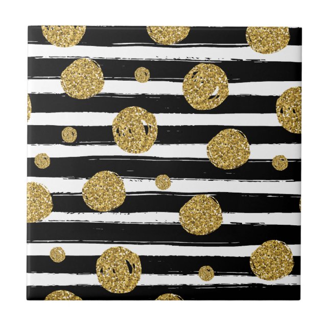 Faux gold glitter dots Black white stripes Tile (Front)