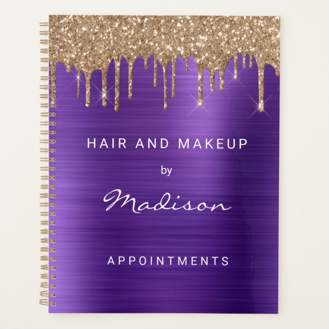 Faux Gold Glitter Drip Purple Appointment Planner (Front)