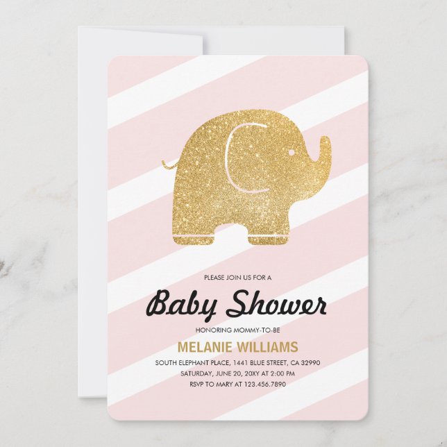 Faux Gold Glitter Elephant Pink Baby Shower Invite (Front)