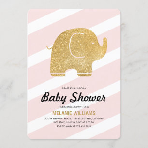 Faux Gold Glitter Elephant Pink Baby Shower Invite