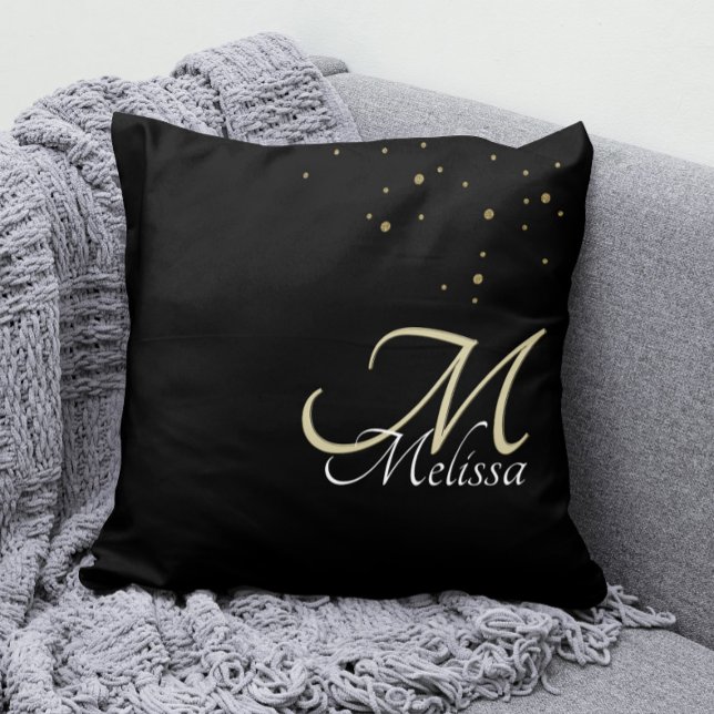 Faux Gold Glitter + Embossed Gold Monogram Black Cushion (Gold Monogram Pillow with Your Name and Faux Gold Glitter Confetti)