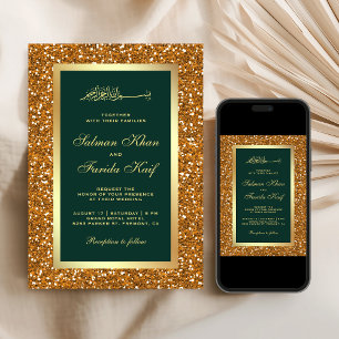 Faux Gold Glitter Emerald Islamic Muslim Wedding Invitation