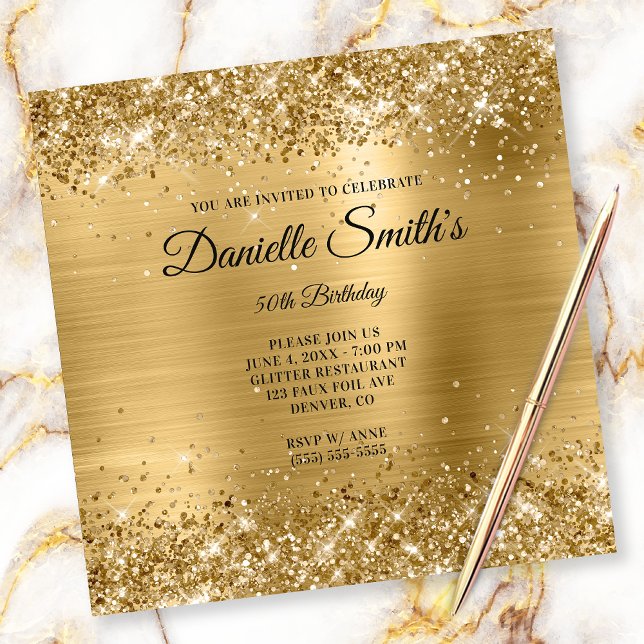 Faux Gold Glitter Foil Monogram 50th Birthday Invitation (Creator Uploaded)