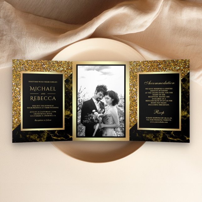 Faux Gold Glitter Gold Marble Photo Wedding Tri-Fold Invitation (Creator Uploaded)