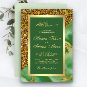 Faux Gold Glitter Green Marble Muslim Wedding Invitation