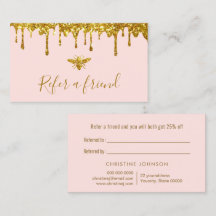 faux gold glitter honey on pink referral card
