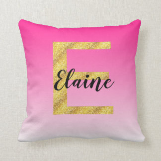 Faux Gold Glitter Initial Letter E Pink Gradient Cushion