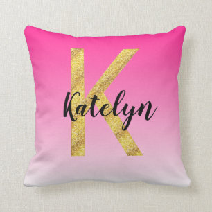 Faux Gold Glitter Initial Letter K Pink Gradient Cushion