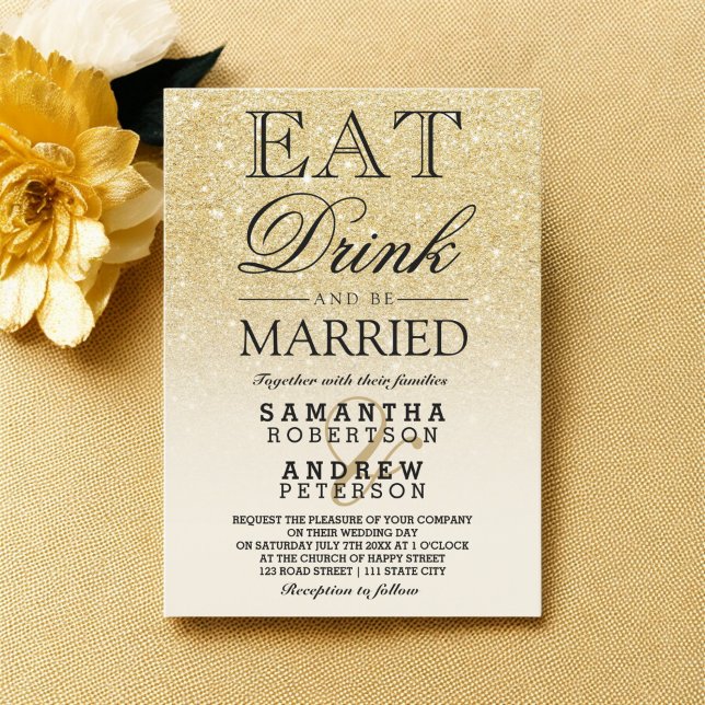 Faux gold glitter ivory ombre eat drink wedding invitation (Faux gold glitter ivory ombre eat drink wedding invitation)