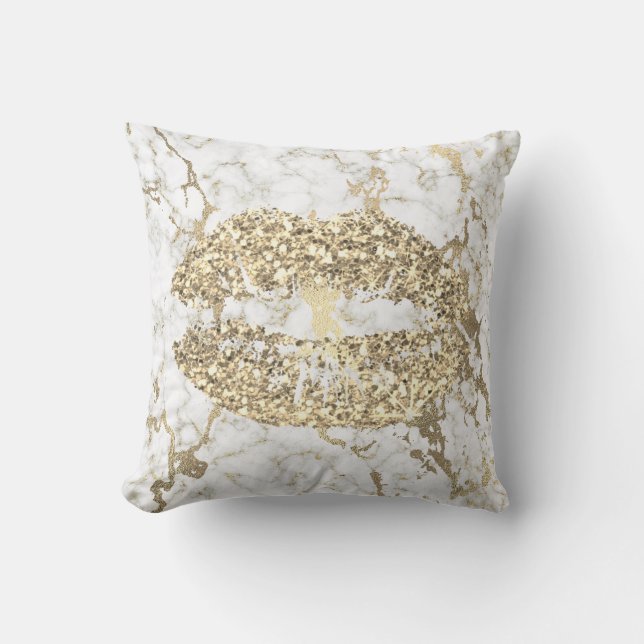Faux Gold Glitter Kiss Lips Makeup White Marble Cushion (Front)