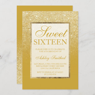 Faux gold glitter lemon curry chic Sweet 16 Invitation