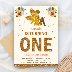 Faux Gold Glitter Magical Fairy 1st Birthday Party Invitation