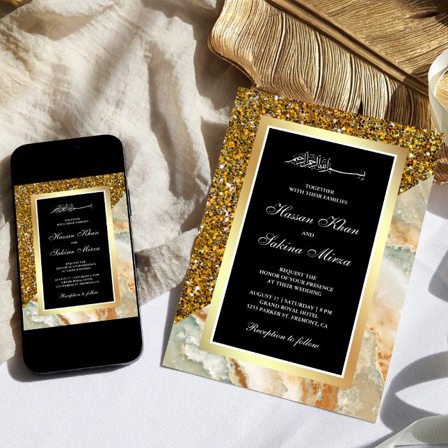 Faux Gold Glitter Marble Black Muslim Wedding Invitation (Creator Uploaded)