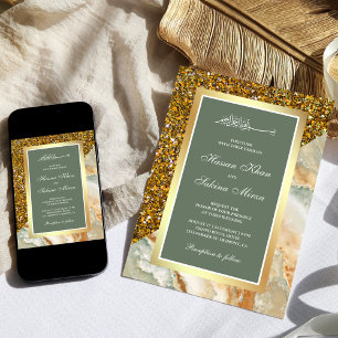 Faux Gold Glitter Marble Sage Green Muslim Wedding Invitation