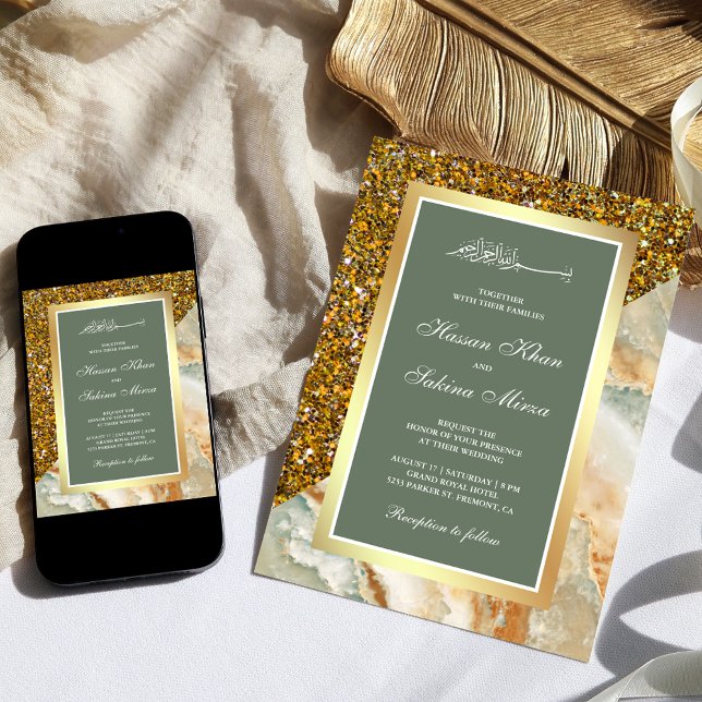 Faux Gold Glitter Marble Sage Green Muslim Wedding Invitation (Creator Uploaded)