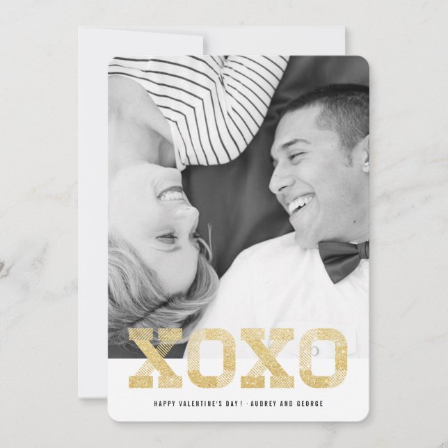 Faux Gold Glitter Modern Chic XOXO Valentine Photo Holiday Card (Front)