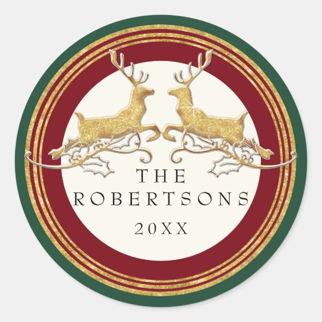 Faux Gold Glitter Modern Reindeer Personalised Classic Round Sticker (Front)